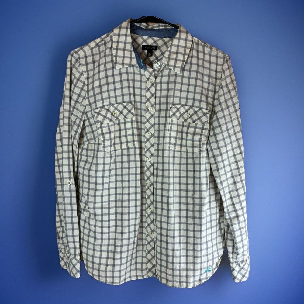 Talbots Women’s Metallic Sparkly Gray White Plaid Shirt size Medium